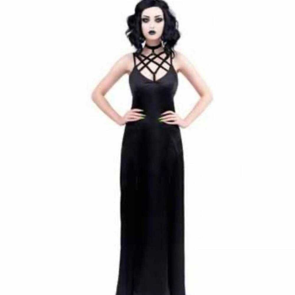 Killstar Black Gothic Harness Maxi Dress Strappy Choker Front Slit Size M